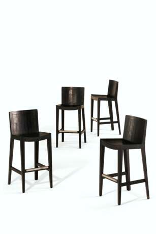 FOUR BLACK-PAINTED AND LEATHER BAR STOOLS - фото 1