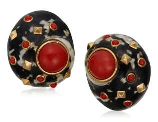 TRIANON TURBO SHELL, CORAL AND GOLD EARRINGS