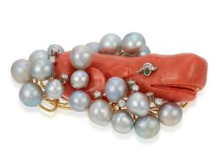 ERWIN PEARL CORAL, CULTURED PEARL AND DIAMOND BROOCH