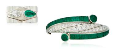 ART DECO DIAMOND AND EMERALD BRACELET AND ART MODERNE DIAMOND AND EMERALD RING