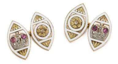 A pair of Fabergé jewelled gold and champlevé enamel cufflinks, workmaster Feodor Afanasiev, St Petersburg, circa 1890 - Foto 1