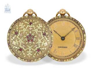 Taschenuhr: prächtige 3-Farben-Gold-Spindeluhr mit Steinbesatz, ca. 1800, signiert Louis Humbert Paris