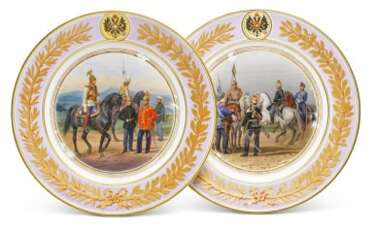 Two porcelain military plates, Imperial Porcelain Factory, St Petersburg, period of Alexander II, 1873