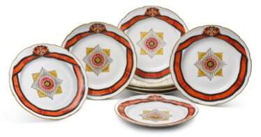 Eight porcelain plates from the service of the order of St Vladimir, Gardner Porcelain Manufactory, Verbilki, 1778-1780