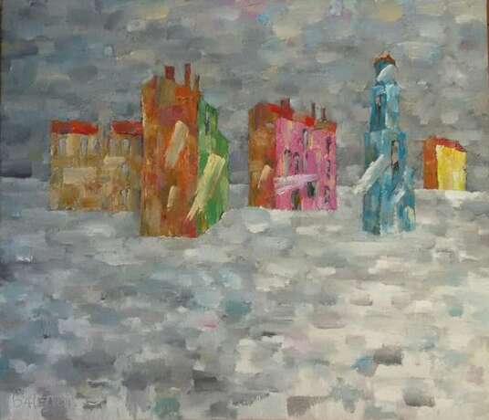 Gemälde „alter Schnee“, Leinwand auf dem Hilfsrahmen, Ölfarbe, Impressionismus, Stadtlandschaft, Weißrussland, 2021 - Foto 1