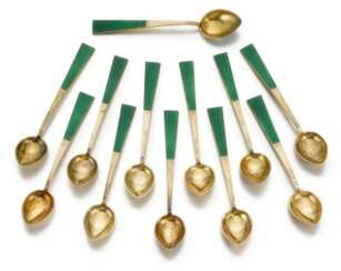 A set of twelve Fabergé silver-gilt and guilloché enamel spoons, St Petersburg, 1904-1908