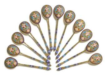 A set of twelve silver-gilt and cloisonné enamel spoons, Pavel Ovchinnikov, circa 1890