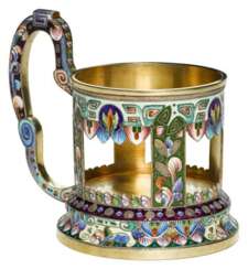 A silver-gilt and cloisonné enamel tea glass holder, 6th Moscow Artel, Moscow, 1908-1917