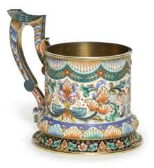 A silver-gilt and cloisonné enamel tea glass holder, 6th Moscow Artel, Moscow, 1908-1917