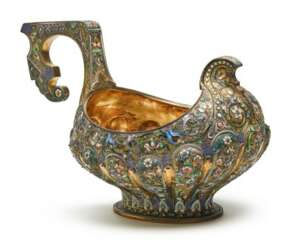 A large silver-gilt and cloisonné enamel kovsh, 11th Moscow Artel, Moscow, 1908-1917