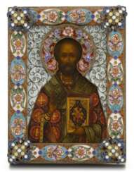 A silver-gilt and cloisonné enamel icon of St Nicholas the Wonderworker, Feodor Rückert, Moscow, 1899-1908