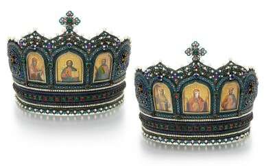 A Very Rare pair of Russian jewelled silver and enamel wedding crowns, Ivan Dmitrovich Chichelev, Moscow, 1881 - Foto 1