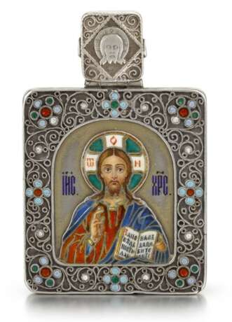 A silver and cloisonné enamel miniature icon of Christ Pantocrator, Ovchinnikov, Moscow, 1899-1908 - фото 1