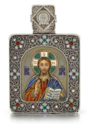 A silver and cloisonné enamel miniature icon of Christ Pantocrator, Ovchinnikov, Moscow, 1899-1908