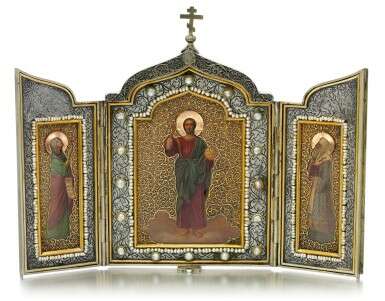 A parcel-gilt gold, silver and pearl-set triptych icon, Olovyanishnikov and Sons, Moscow, 1908-1917 - фото 1
