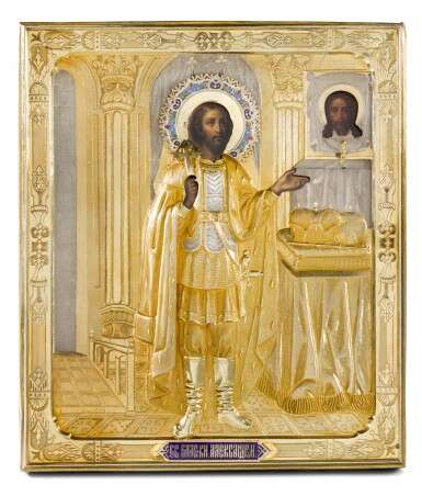 A silver-gilt and champlevé enamel Icon of St Alexander, Antip Kuzmichev, Moscow, 1880s - Foto 1