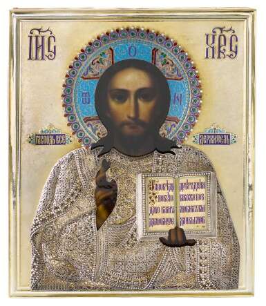 A silver-gilt, filigree and cloisonné enamel icon of Christ Pantocrator, Semyon Galkin, St Petersburg, 1899-1908 - photo 1