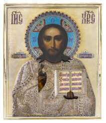 A silver-gilt, filigree and cloisonné enamel icon of Christ Pantocrator, Semyon Galkin, St Petersburg, 1899-1908
