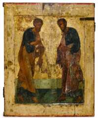 AN ICON OF SAINTS PETER AND PAUL, PROBABLY 15TH CENTURY BUT RESTORED AND TRANSFERRED TO A NEW PANEL IN THE LATE 19TH OR EARLY 20TH CENTURY