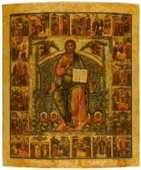 A large Russian icon of Christ Pantocrator enthroned, with twenty church festivals on the borders, Provincial Yaroslavl, circa 1700