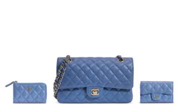 A BLUE IRIDESCENT LAMBSKIN LEATHER SMALL CLASSIC FLAP BAG & A SET OF TWO CARD HOLDERS