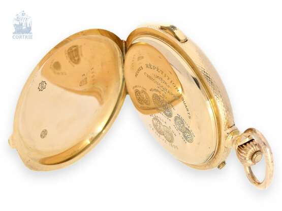 Taschenuhr: außergewöhnlich große und schwere Gold-Savonnette mit Repetition und Chronograph, Nestor Delevaux, La Chaux-de-Fonds, um 1900 - photo 4