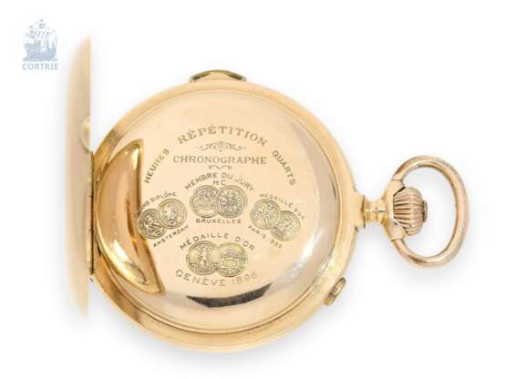 Taschenuhr: außergewöhnlich große und schwere Gold-Savonnette mit Repetition und Chronograph, Nestor Delevaux, La Chaux-de-Fonds, um 1900 - Foto 5