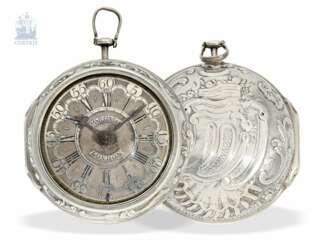 Taschenuhr: frühe englische Repoussé Doppelgehäuse-Spindeluhr mit außergewöhnlicher Gehäusedekoration, Martineau London No.942, ca.1720