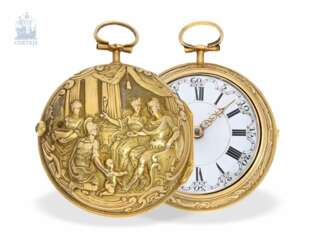Taschenuhr: feine Repoussé Doppelgehäuse-Spindeluhr in 18K Gold, bedeutender englischer Uhrmacher, Godfrie Poy London, um 1730