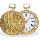 Taschenuhr: feine Repoussé Doppelgehäuse-Spindeluhr in 18K Gold, bedeutender englischer Uhrmacher, Godfrie Poy London, um 1730 - photo 1