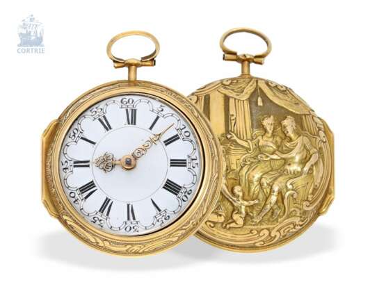Taschenuhr: feine Repoussé Doppelgehäuse-Spindeluhr in 18K Gold, bedeutender englischer Uhrmacher, Godfrie Poy London, um 1730 - photo 5