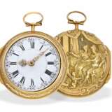 Taschenuhr: feine Repoussé Doppelgehäuse-Spindeluhr in 18K Gold, bedeutender englischer Uhrmacher, Godfrie Poy London, um 1730 - photo 5