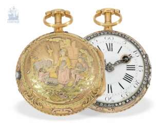 Taschenuhr: besonders prächtige 20K Gold 4-Farben Spindeluhr mit Repetition und Steinbesatz, Dufalga Geneve, ca.1770