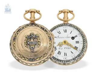 Taschenuhr: frühe Genfer Spindeluhr mit seltener Repetition a toc et a tact, bekannter Uhrmacher, Isaac Soret & Fils Geneve, ca.1765
