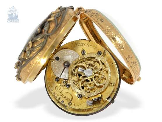 Taschenuhr: außergewöhnliche goldene Spindeluhr mit Emaille-Malerei und Besatz mit echten Diamanten, Perache a Paris No.9000!, ca.1780 - Foto 2