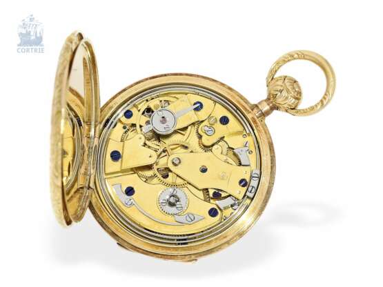 Taschenuhr: sehr seltene Genfer Miniatur-Lepine, eine der kleinsten Gold/Emaille-Taschenuhren mit Repetition, Moricand & Degrange, Geneva, No. 64588, um 1830 - photo 5