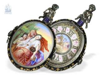 Halsuhr/Tischuhr: besonders große Neorenaissance Emaille-Uhr mit fantastischer Lupenmalerei, Genf 19. Jahrhundert