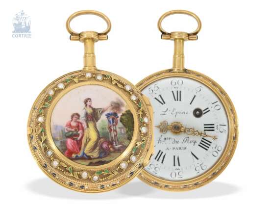 Taschenuhr: exquisite Gold/Emaille-Spindeluhr mit Perlenbesatz, königlicher Uhrmacher L' Epine Paris, ca.1770 - photo 1