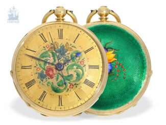 Taschenuhr: hochfeine, sehr seltene Gold/Emaille-Damen-Taschenuhr mit Zentralsekunde, Clerc Fleurier für den chinesischen Markt, um 1820/30