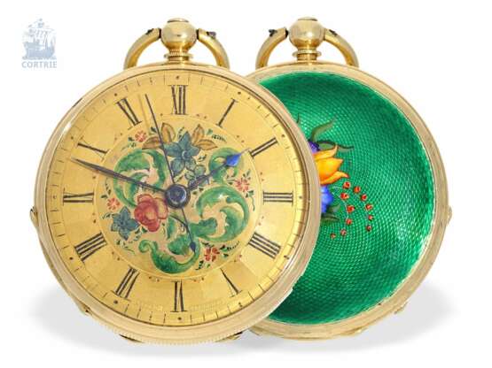 Taschenuhr: hochfeine, sehr seltene Gold/Emaille-Damen-Taschenuhr mit Zentralsekunde, Clerc Fleurier für den chinesischen Markt, um 1820/30 - фото 1