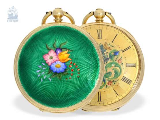 Taschenuhr: hochfeine, sehr seltene Gold/Emaille-Damen-Taschenuhr mit Zentralsekunde, Clerc Fleurier für den chinesischen Markt, um 1820/30 - photo 3