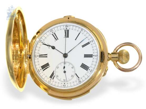 Taschenuhr: schwere, hochfeine 18K Goldsavonnette mit Chronograph und Minuten-Repetition, verm. Perret Fils, um 1890 - photo 1