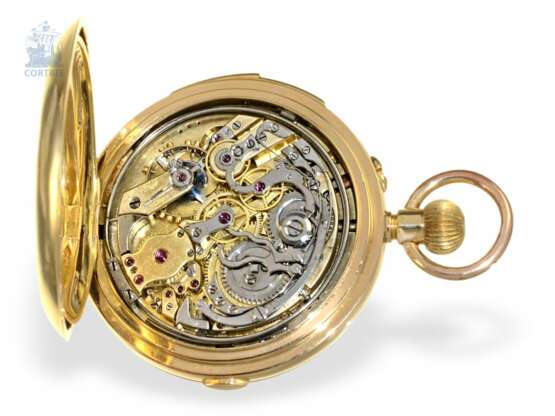 Taschenuhr: schwere, hochfeine 18K Goldsavonnette mit Chronograph und Minuten-Repetition, verm. Perret Fils, um 1890 - photo 2