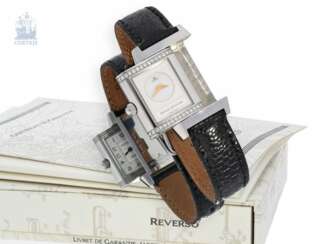 Armbanduhr: luxuriöse, nahezu neuwertige Damenuhr, Jaeger-LeCoultre "Reverso Duetto Diamonds" Ref. 266.8.44 mit kompletten Papieren & Originalbox