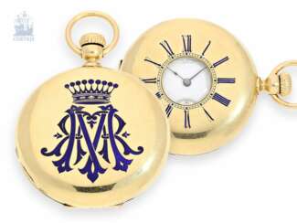 Taschenuhr: sehr seltene Gold/Emaille Patek Philippe Halbsavonnette mit einmaliger Emailledekoration, No. 23294, aus dem ehemaligen Besitz eines polnischen Grafen, Genf um 1865