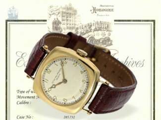 Armbanduhr: Patek Philippe Rarität, eine der frühesten Patek Philippe Herrenuhren "Cushion-Shape" 18K Gold, Genf 1908, mit Stammbuchauszug