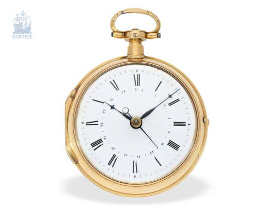 Taschenuhr: äußerst feine, große und schwere Clockwatch, komplizierte Doppelgehäuse-Spindeluhr mit Selbstschlag, seltener Repetition a toc et a tact und Datum, vermutlich Schweiz um 1820 - photo 1