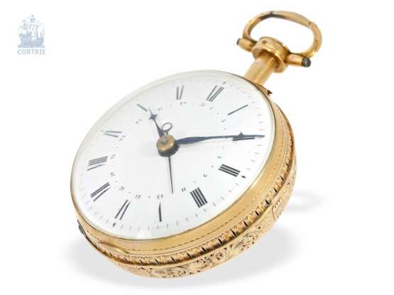 Taschenuhr: äußerst feine, große und schwere Clockwatch, komplizierte Doppelgehäuse-Spindeluhr mit Selbstschlag, seltener Repetition a toc et a tact und Datum, vermutlich Schweiz um 1820 - photo 2