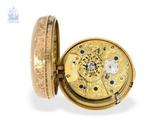 Taschenuhr: äußerst feine, große und schwere Clockwatch, komplizierte Doppelgehäuse-Spindeluhr mit Selbstschlag, seltener Repetition a toc et a tact und Datum, vermutlich Schweiz um 1820 - фото 6