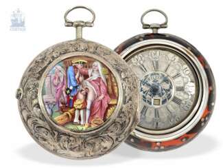 Taschenuhr: außergewöhnlich große 3-fach-Gehäuse-Spindeluhr mit versteckter erotischer Emaille-Malerei sowie Datum, Wilter London, ca.1740